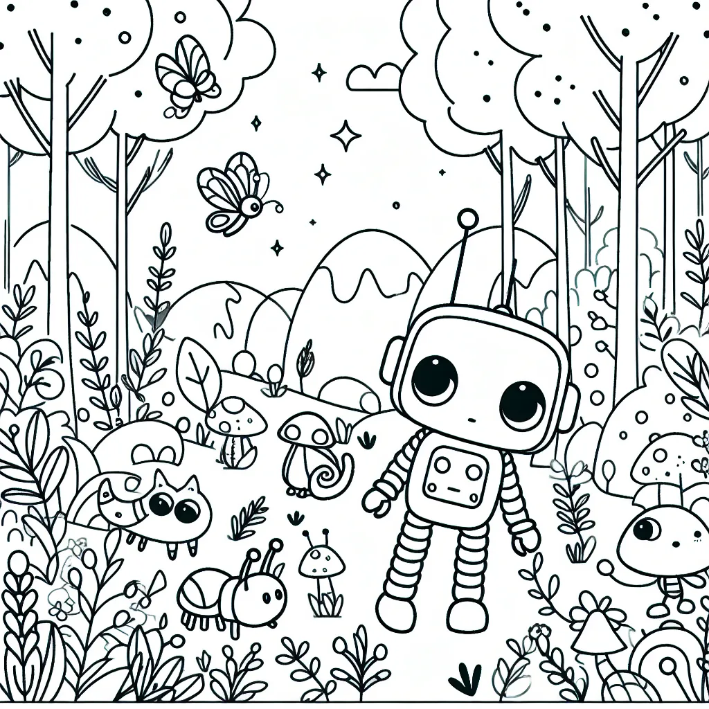 Un petit robot curieux explorant une forêt enchantée remplie d'animaux amicaux et de plantes magiques.