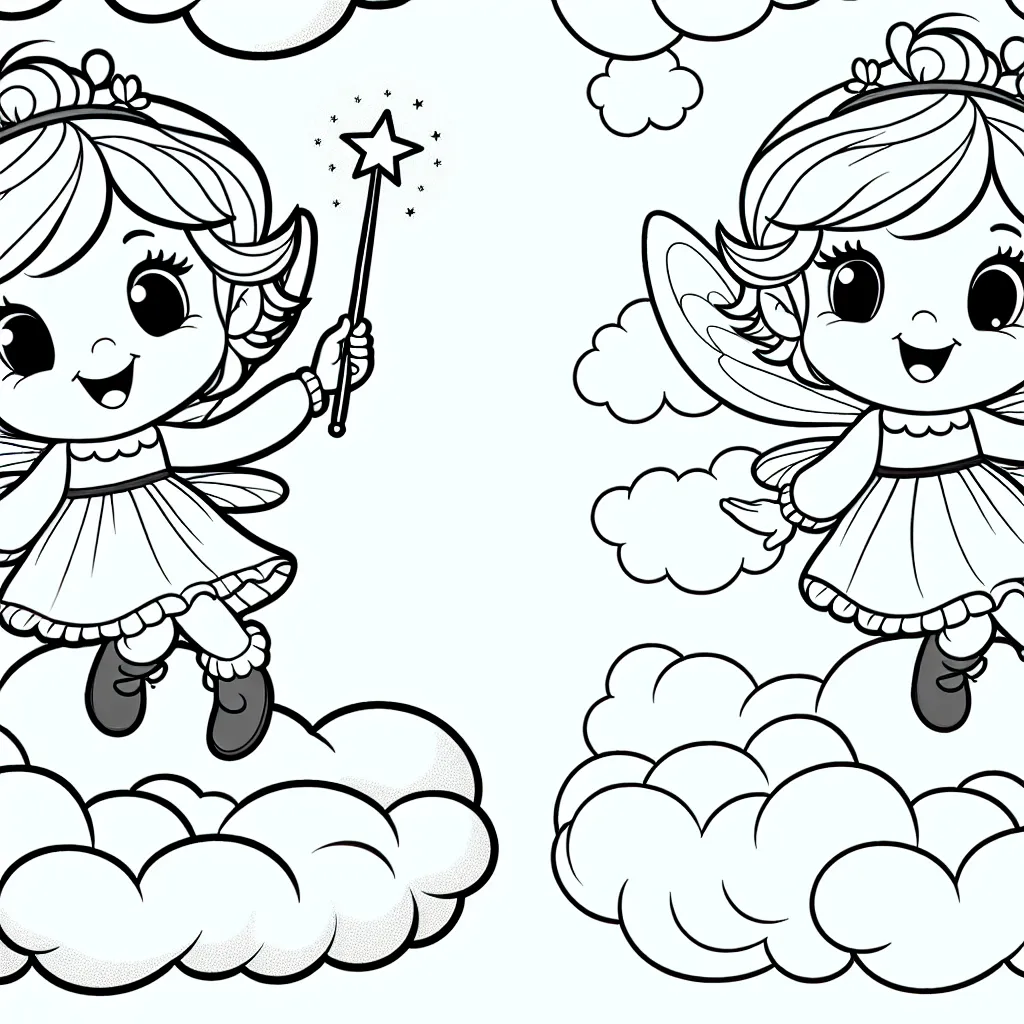 Petite fée souriante volant entre les nuages avec son sceptre magique