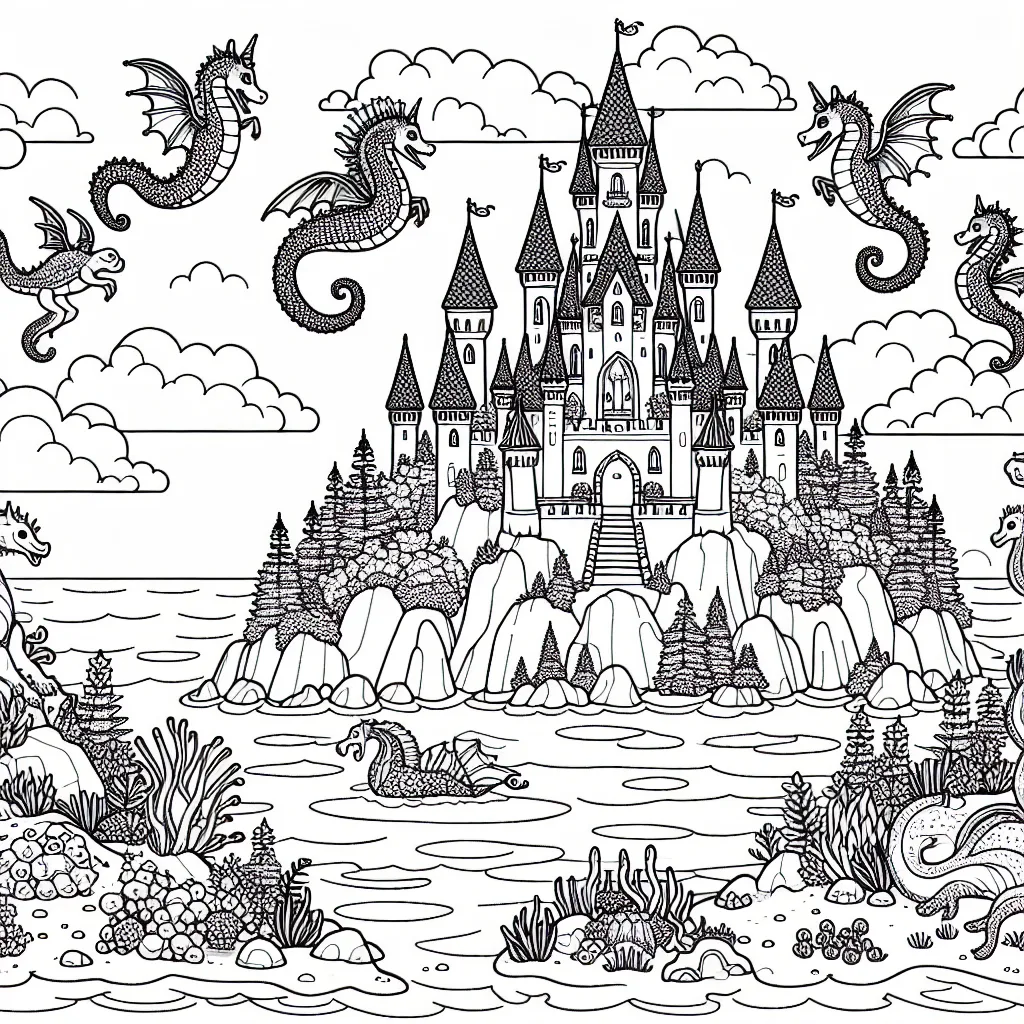 Un château enchanté peuplé de créatures mythiques sur une île au milieu de l'océan