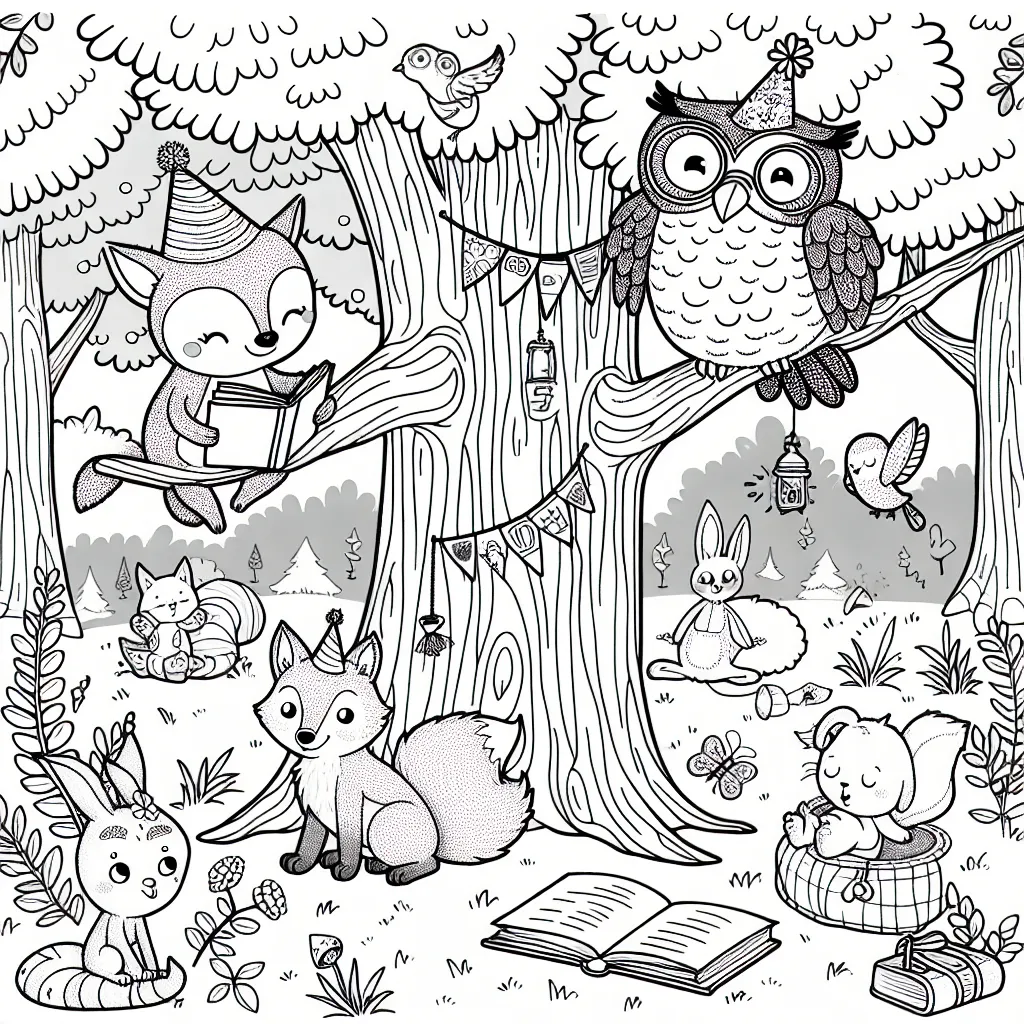 Dans la forêt enchantée, tu trouveras de nombreuses créatures amusantes et petits animaux. Dessine des animaux comme un écureuil qui porte un chapeau de fête, une chouette qui lit un livre, un renardeau qui joue à cache-cache et un lapin qui dort sous un grand arbre. N'oublie pas de colorier la forêt autour d'eux!