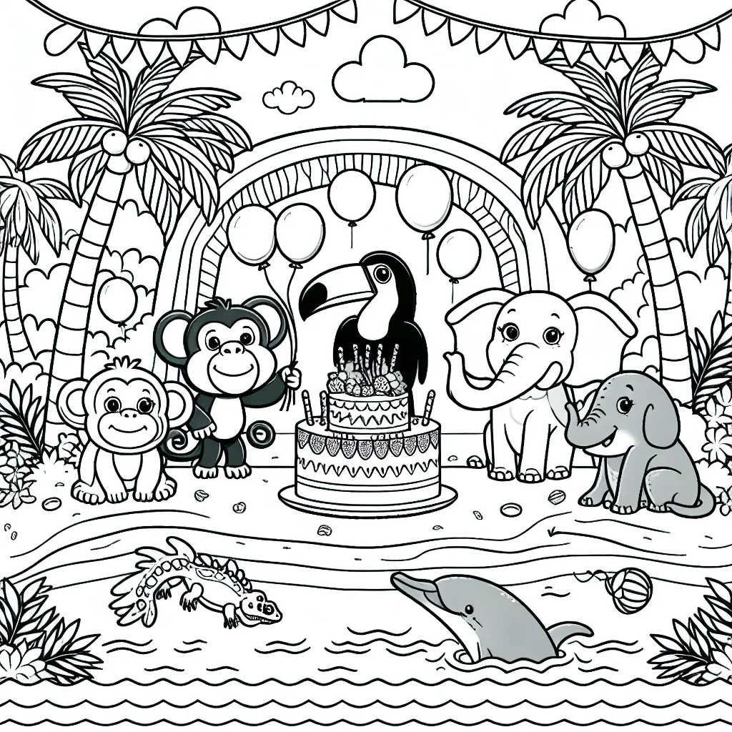 Sur une île exotique entourée de palmiers, un groupe de joyeux animaux - un singe, un éléphant, un toucan, un lézard et un dauphin - organise une fête avec des ballons et des guirlandes colorées. Une grande arche marque l'entrée de la fête, et un grand gâteau garni de fruits tropicaux attend d'être dégusté.