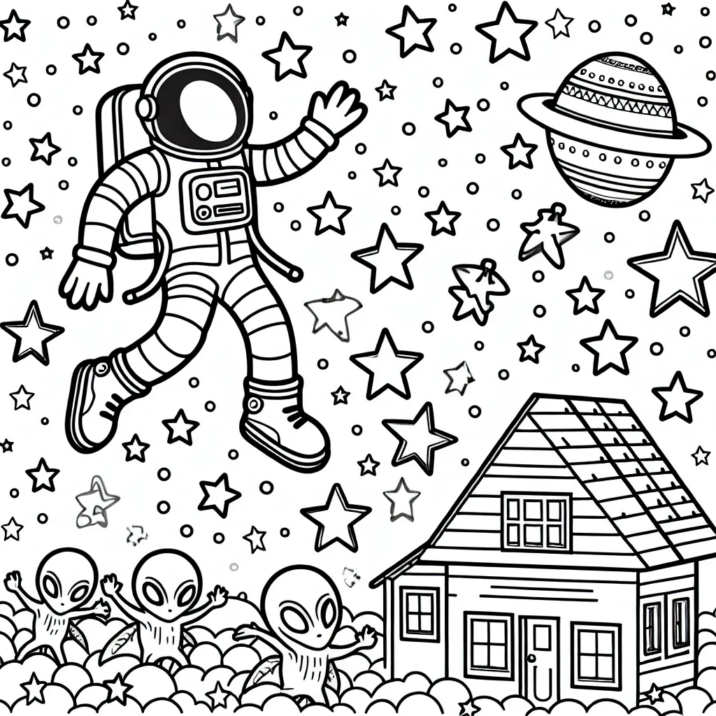 Un astronaute en train de sauter par-dessus les étoiles qui sont en fait des petites maisons pour les aliens