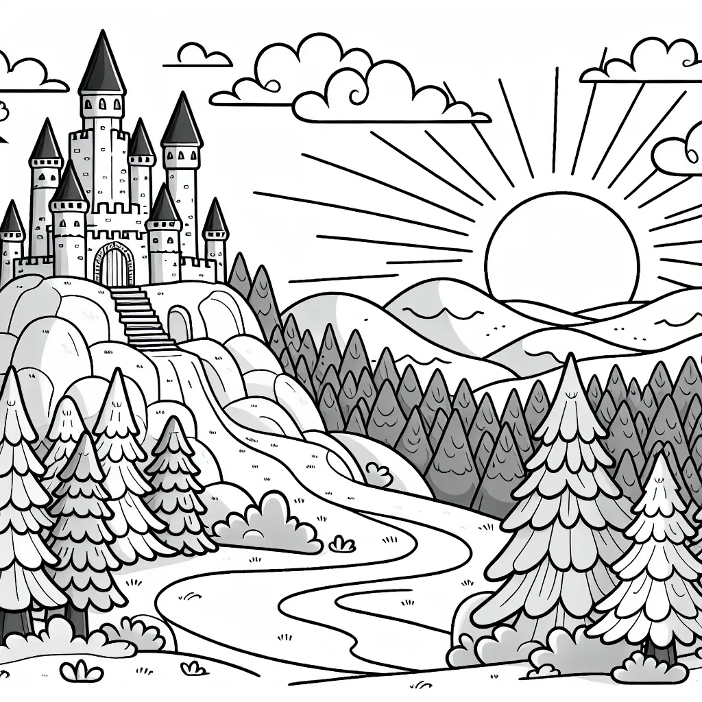 Un très grand château perché sur une colline aux arbres avec le soleil levant dans le lointain