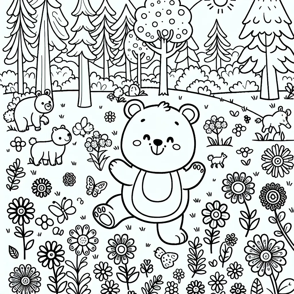 Un petit ours qui joue au milieu d'une forêt enchantée remplie d'animaux et de fleurs multicolores