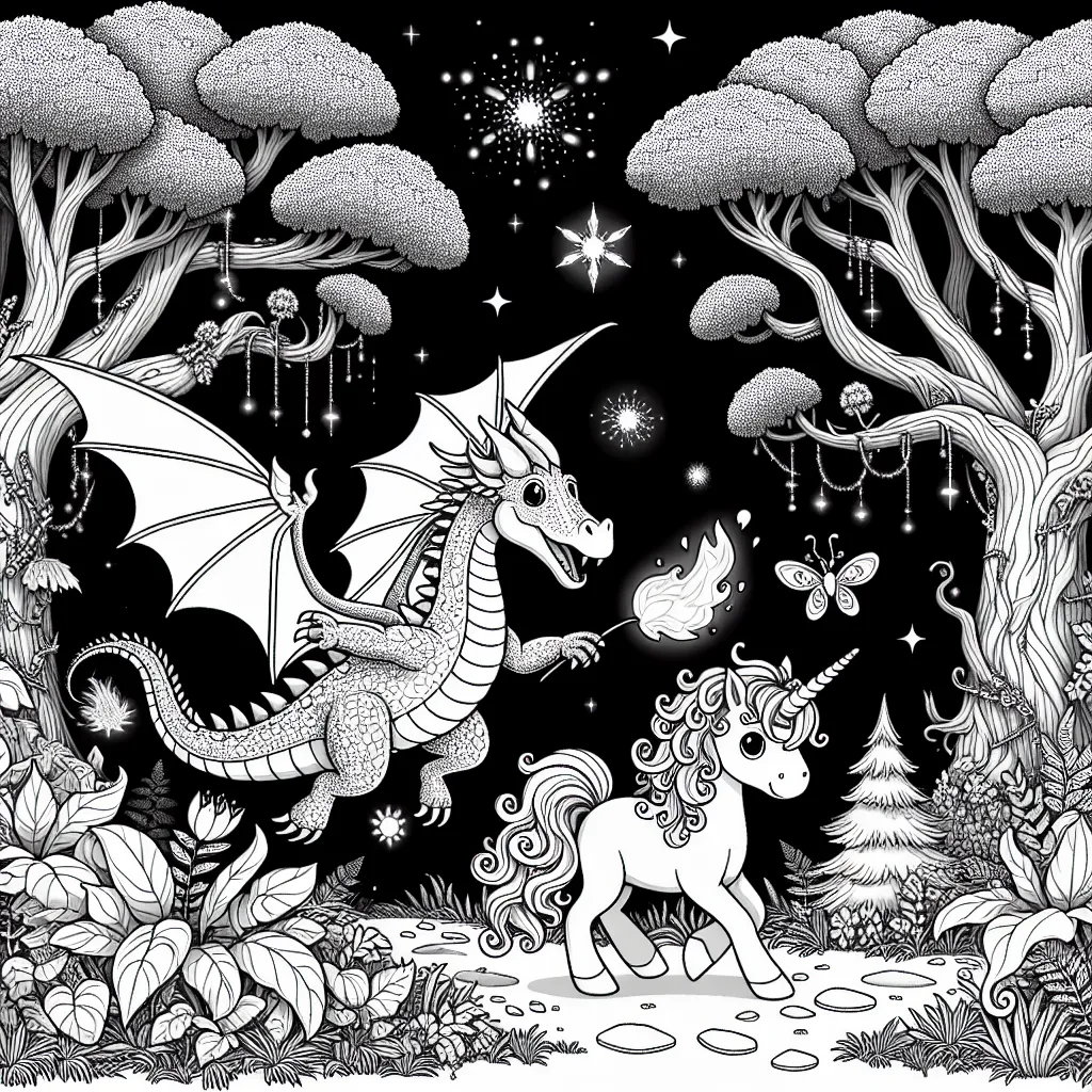 Un dragon magique et son petit ami licorne explorant une forêt enchantée