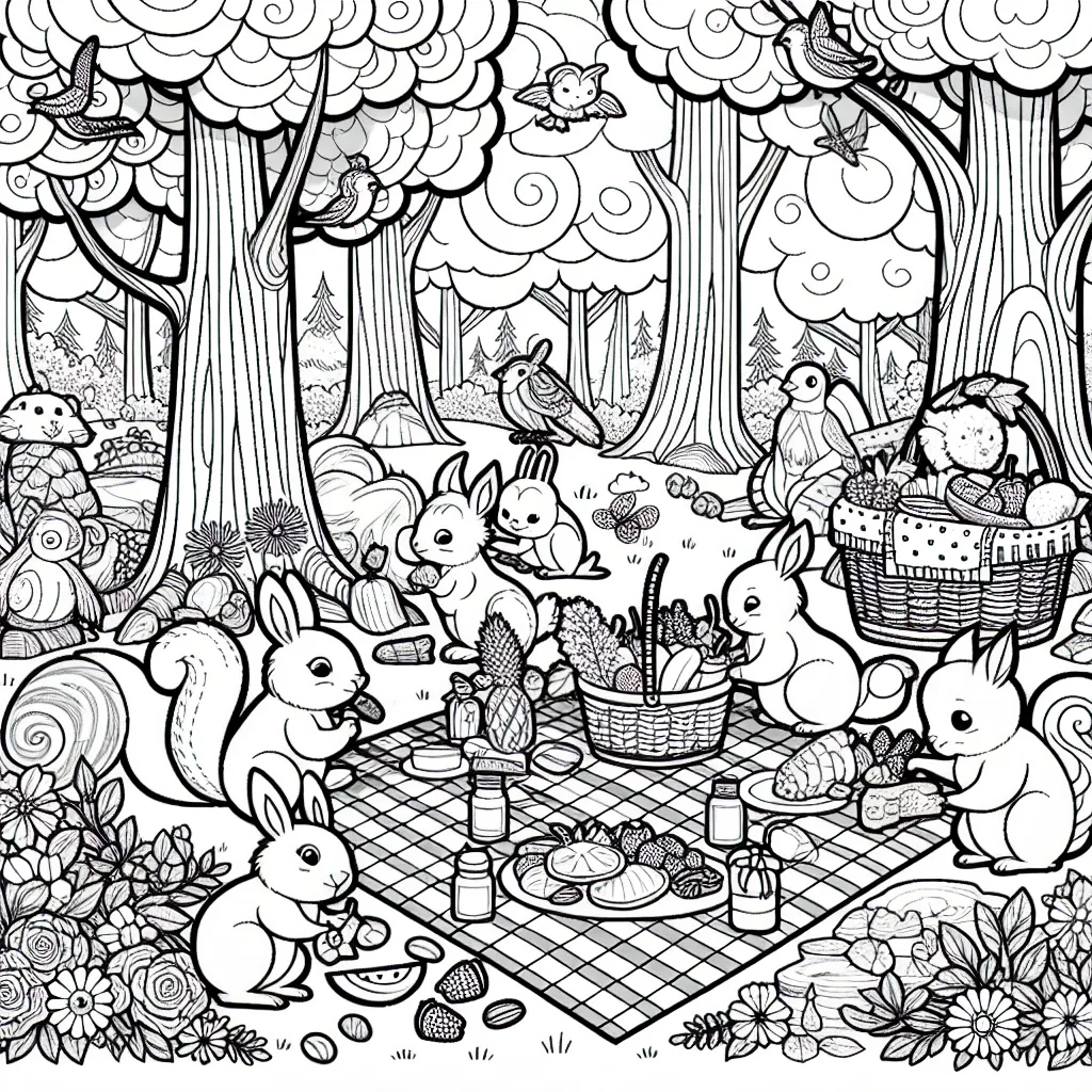 Une forêt enchantée avec des animaux qui préparent un pique-nique