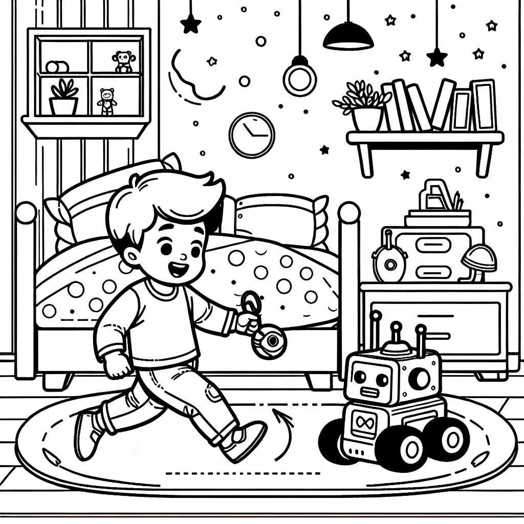 Une scène animée d'un petit garçon jouant avec des jouets robotiques dans sa chambre