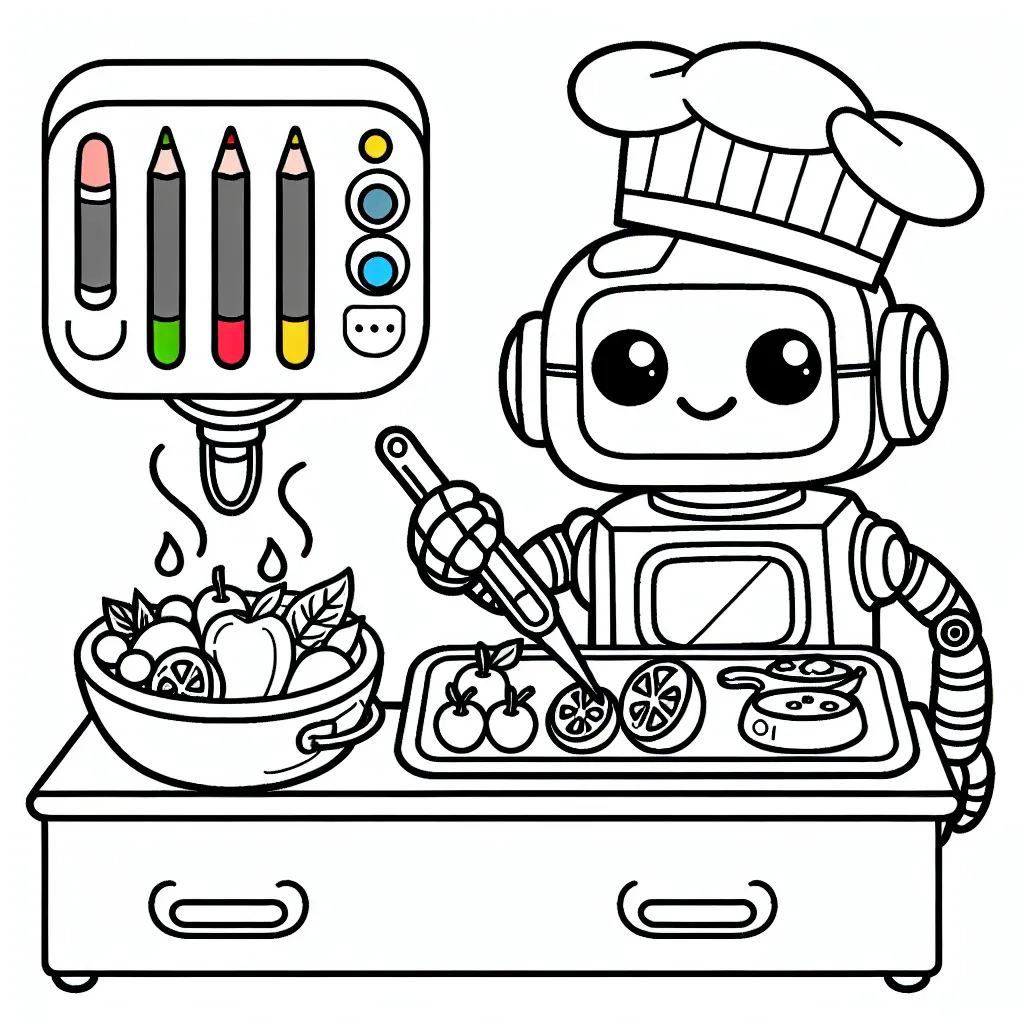 Un joyeux robot cuisinier préparant un festin coloré dans sa cuisine futuriste.