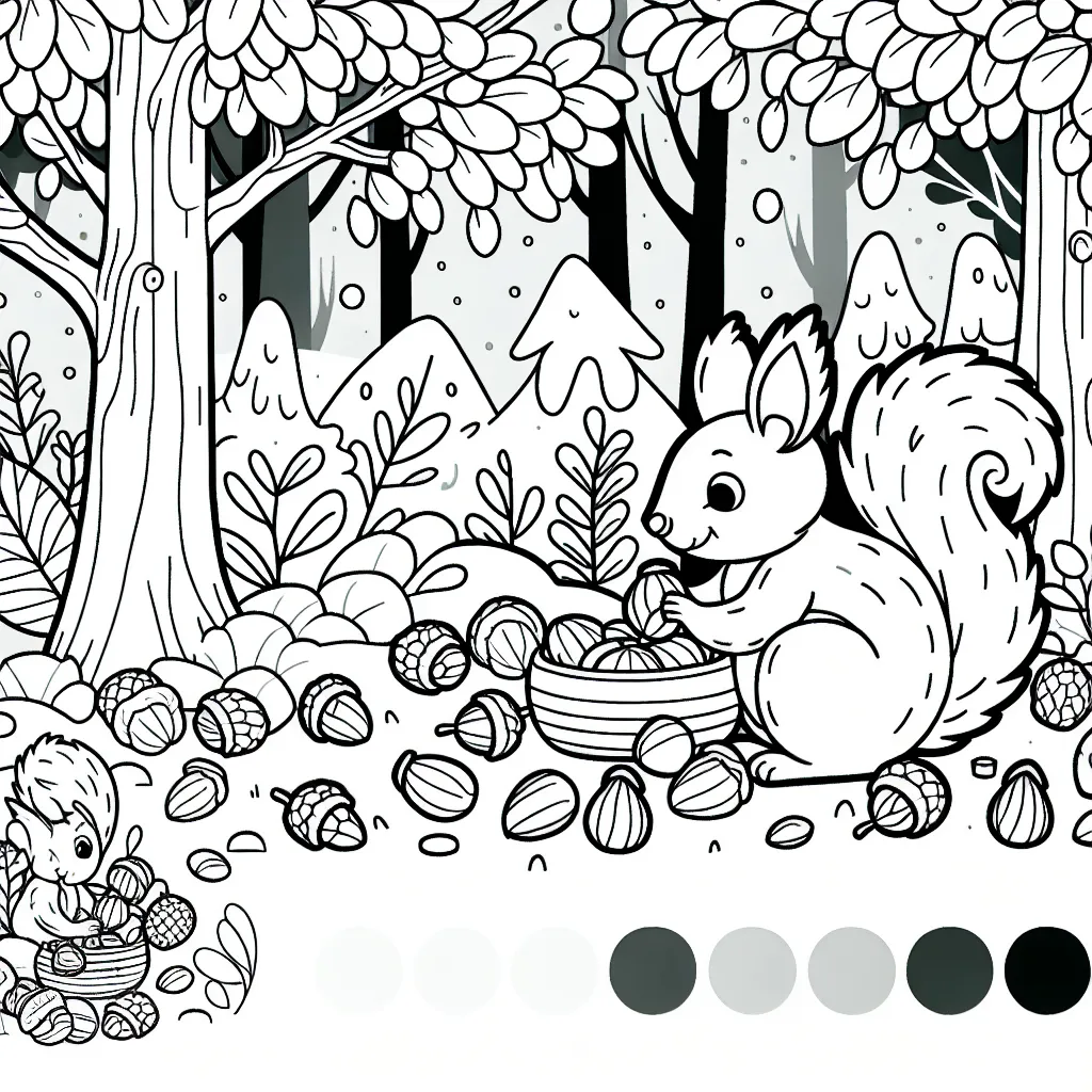 Imagine une scène où un petit écureuil se prépare pour l'hiver en ramassant des noix dans une forêt enchantée.