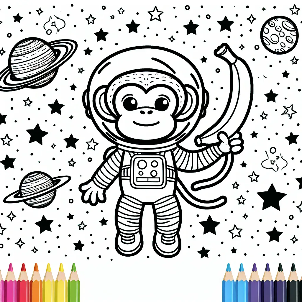 Un singe astronaut spaciale tenant une banane brillante tout en flottant au milieu des étoiles et des planètes colorées.