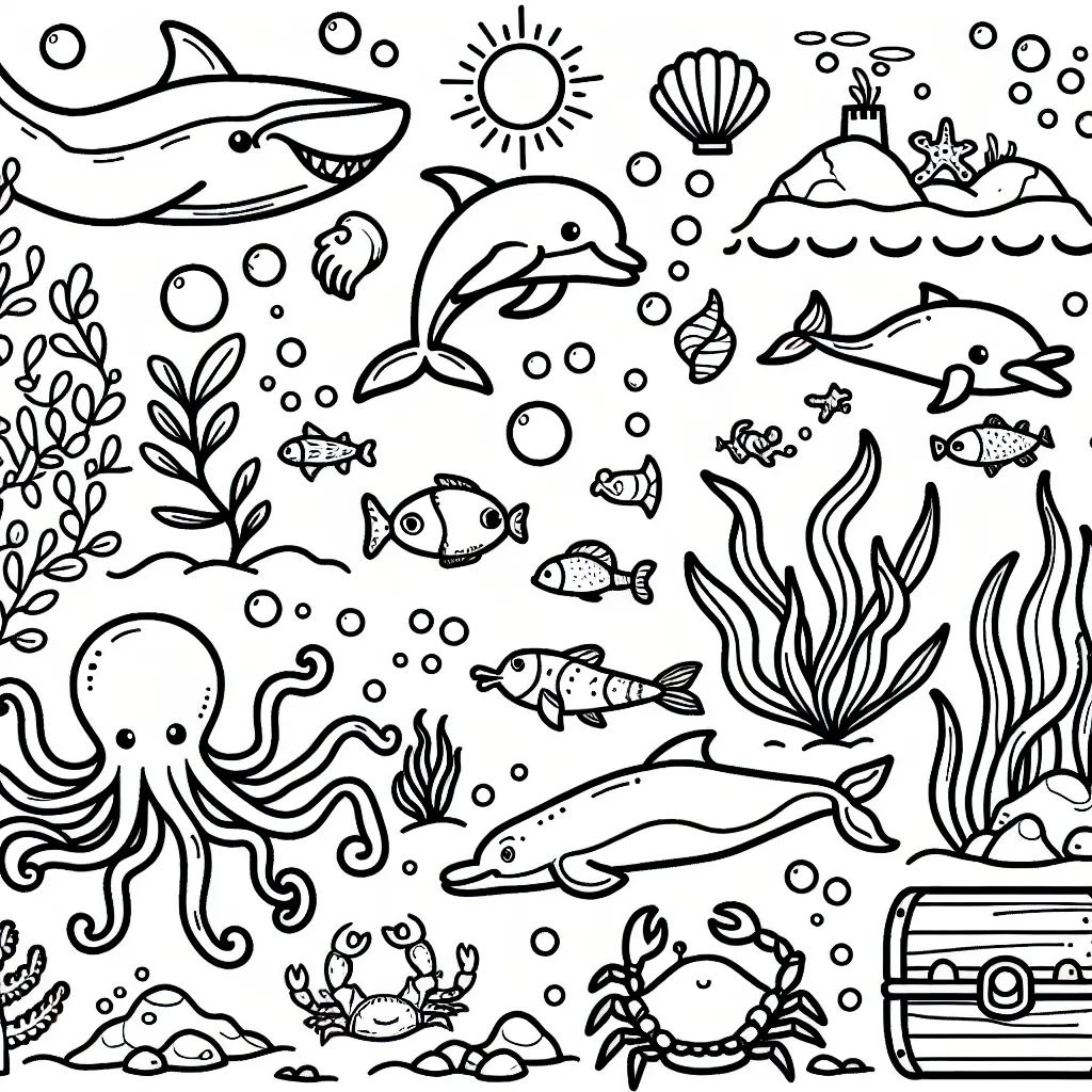 Projet de coloriage sur le thème des fonds marins avec différentes espèces de poissons, de crabe, de pieuvre et de dauphin accompagné d'un trésor caché et d'une épave de bateau pirate