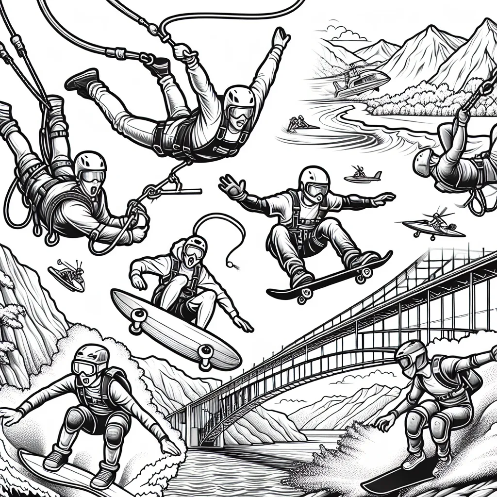 Des sportifs intrépides s'adonnent à diverses activités extrêmes : saut à l'élastique depuis un pont, escalade d'une montagne abrupte, surf sur de grosses vagues, base-jump d'un gratte-ciel et même du skateboard sur une rampe à moitié-boucle. Tous ces sportifs sont en pleine action, avec leur équipement de sécurité et dans leurs environnements naturels impressionnants. Votre mission est de donner vie à cette page en la coloriant.