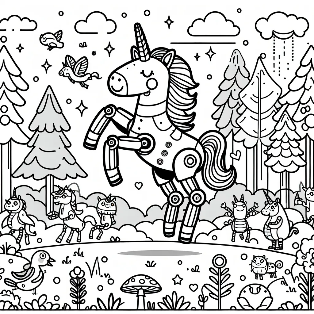 Dessine un robot unicorn en train de gambader dans une forêt enchantée remplie de créatures imaginaires.