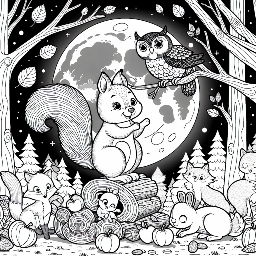 Au milieu d'une clairière enchantée, un petit écureuil construit son abri à la lueur d'une grande lune pleine. Il est entouré par ses compagnons de l'étrange forêt magique : une chouette colorée sur une branche, un renard curieux et un lapin effrayé. Ils passent tous une exaltante nuit d'automne.