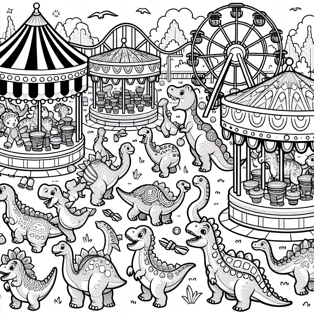 Un parc d'attractions fantastique peuplé de dinosaures amicaux qui jouent à des jeux de fête foraine