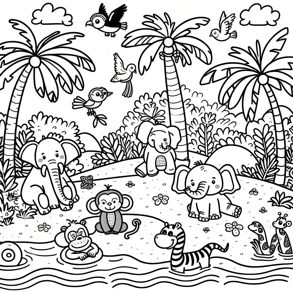 Un groupe de joyeux animaux sur une île tropical