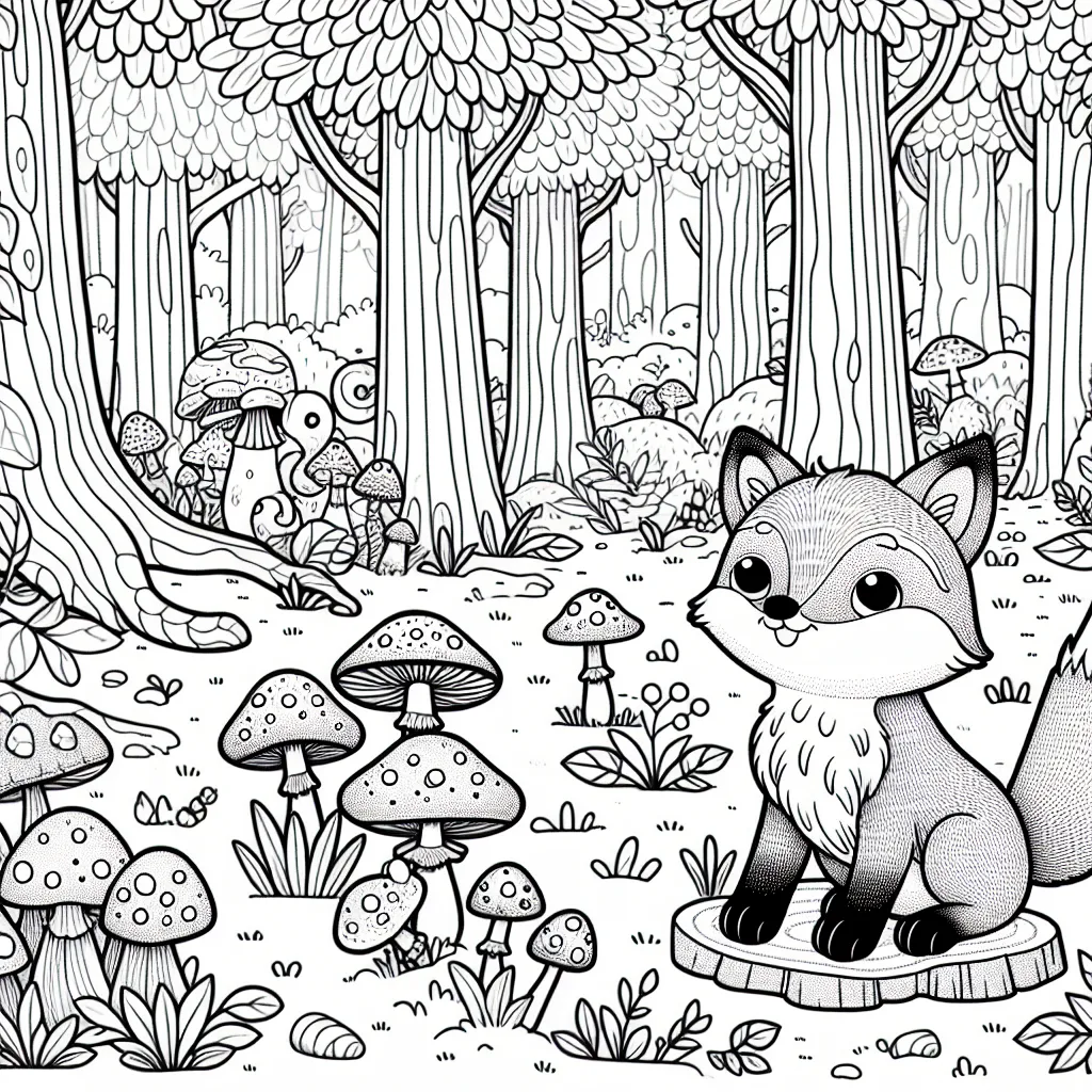 Un petit renard dans une forêt enchantée remplie de champignons magiques et d'êtres mystiques.