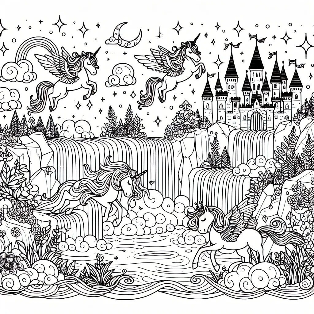 Plonge toi dans un monde fantastique peuplé de licornes volantes, de châteaux flottants et de cascades scintillantes. Utilise tes plus belles teintes pour donner vie à ce tableau enchanté!