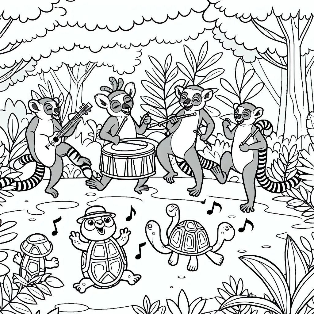 Une bande de lémuriens joyeux dansant dans la jungle, avec des tortues qui jouent de la musique