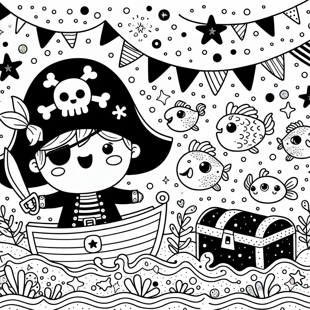 Un pirate naviguant dans un océan de confettis avec de jolies créatures marines colorées et un trésor étincelant