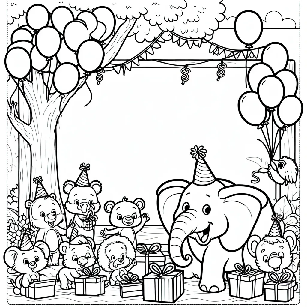 Imagine une scène passionnante dans laquelle un groupe d'animaux de la jungle organise une fête d'anniversaire surprise pour leur ami, l'éléphant. Dessine tous les petits détails : les ballons accrochés aux arbres, les animaux emballant les cadeaux, l'éléphant surpris et heureux.