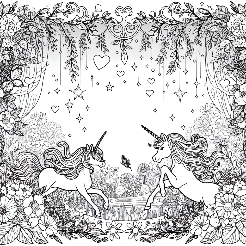 Dessine une scène fantastique avec des licornes et des fées dans un jardin enchanté rempli de fleurs incroyables