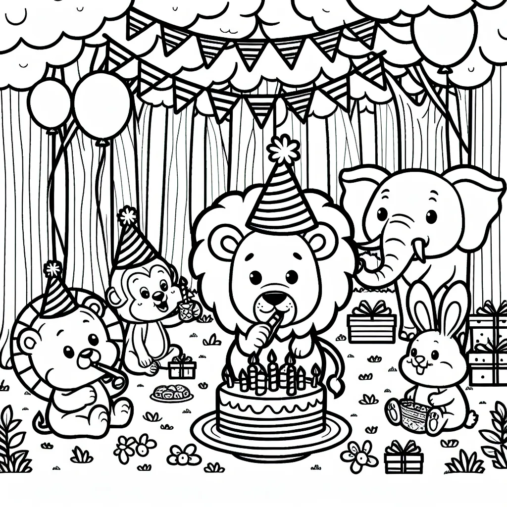 Un groupe d'animaux organise une fête d'anniversaire dans la forêt. Dessine un lion qui porte une casquette de fête, un singe avec une perruque amusante, un éléphant qui soufflera sur un klaxon de fête, et les lapins mignons dégustant un délicieux gâteau d'anniversaire. Assure-toi de remplir la forêt de ballons colorés, de guirlandes et de cadeaux d'anniversaire.