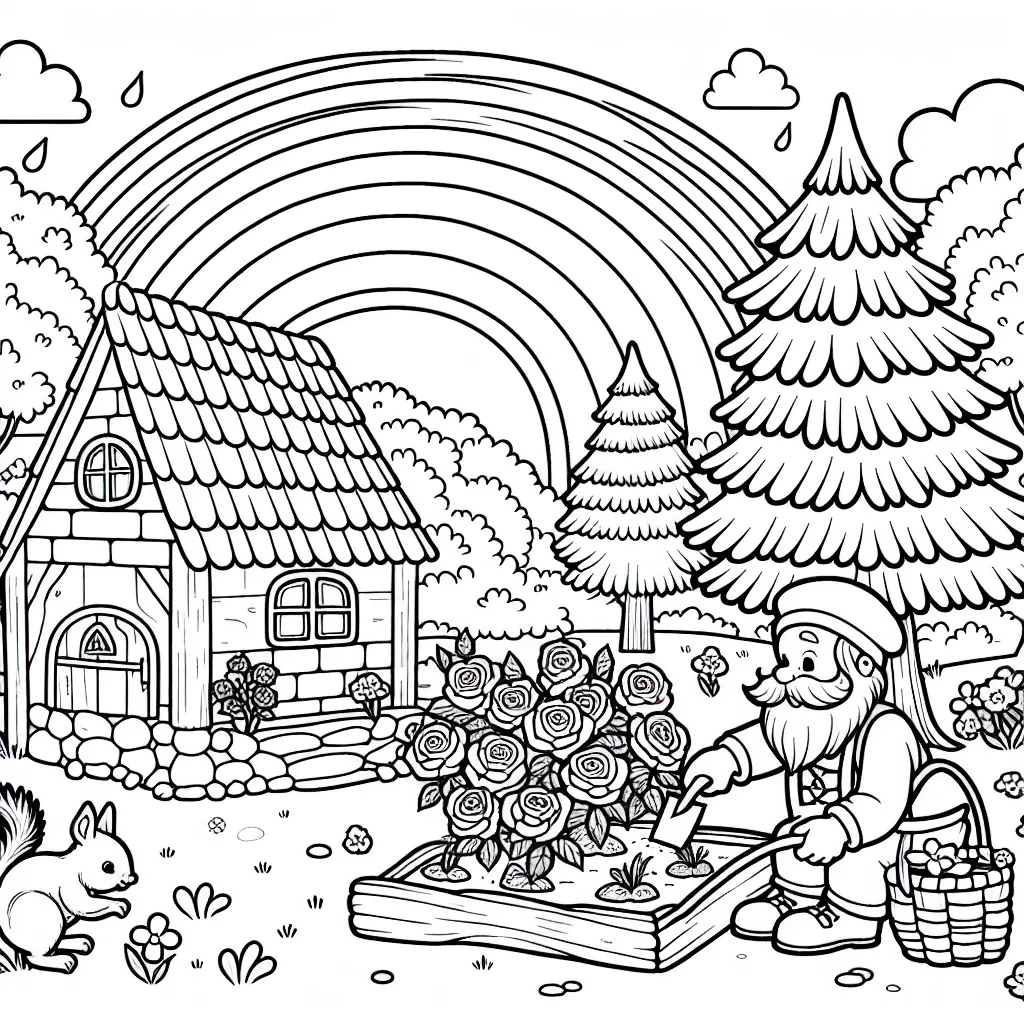Dans un village paisible, un nain en train de jardiner devant sa petite maison en pierre. Il est en train de planter des roses rouges à côté d'un sous-bois de pins. Des écureuils jouent joyeusement pendant qu'un arc-en-ciel apparaît dans le ciel après une douce averse de printemps.