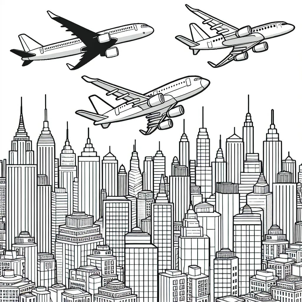Trois types différents d'avions survolant une ville animée.