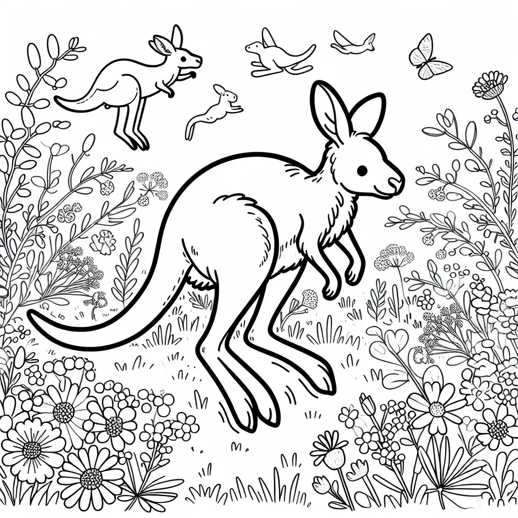 Les kangourous sautent dans un paysage de prairie australienne parsemé de fleurs sauvages