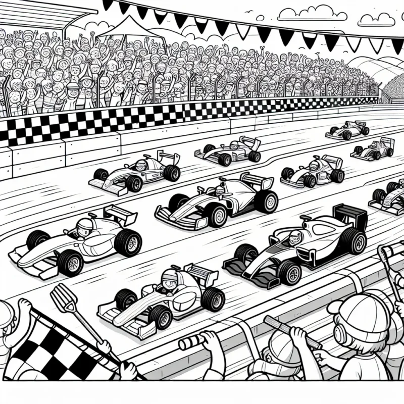 Un circuit de course animé avec des voitures de différents modèles - sportive, classique, moderne - qui concourent sur une piste pleine de spectateurs enthousiastes. Inclut également des stands pour les réparations de voitures et des panneaux de signalisation divers.