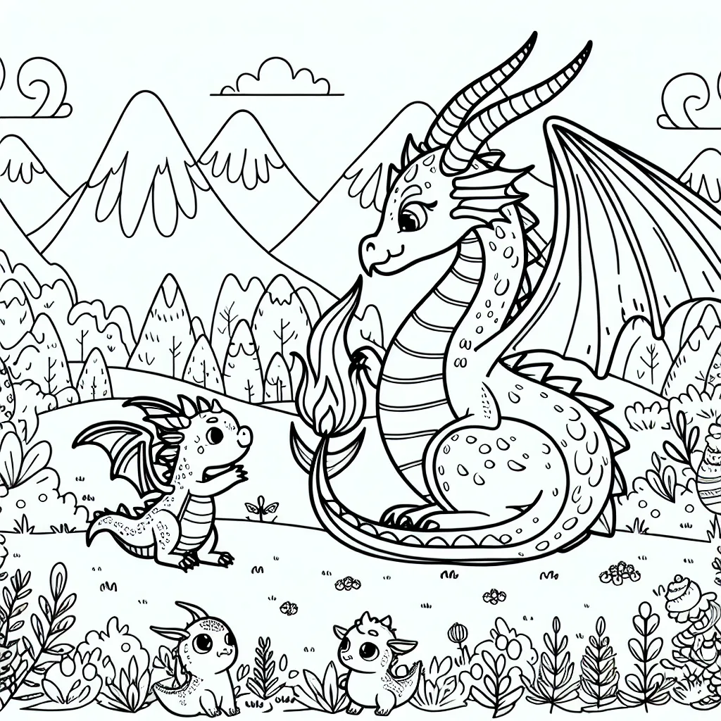 Un jeune dragon apprend à cracher du feu sous l'oeil attentif de sa mère dans une vallée de montagnes et de verdure, entouré de petits animaux curieux.