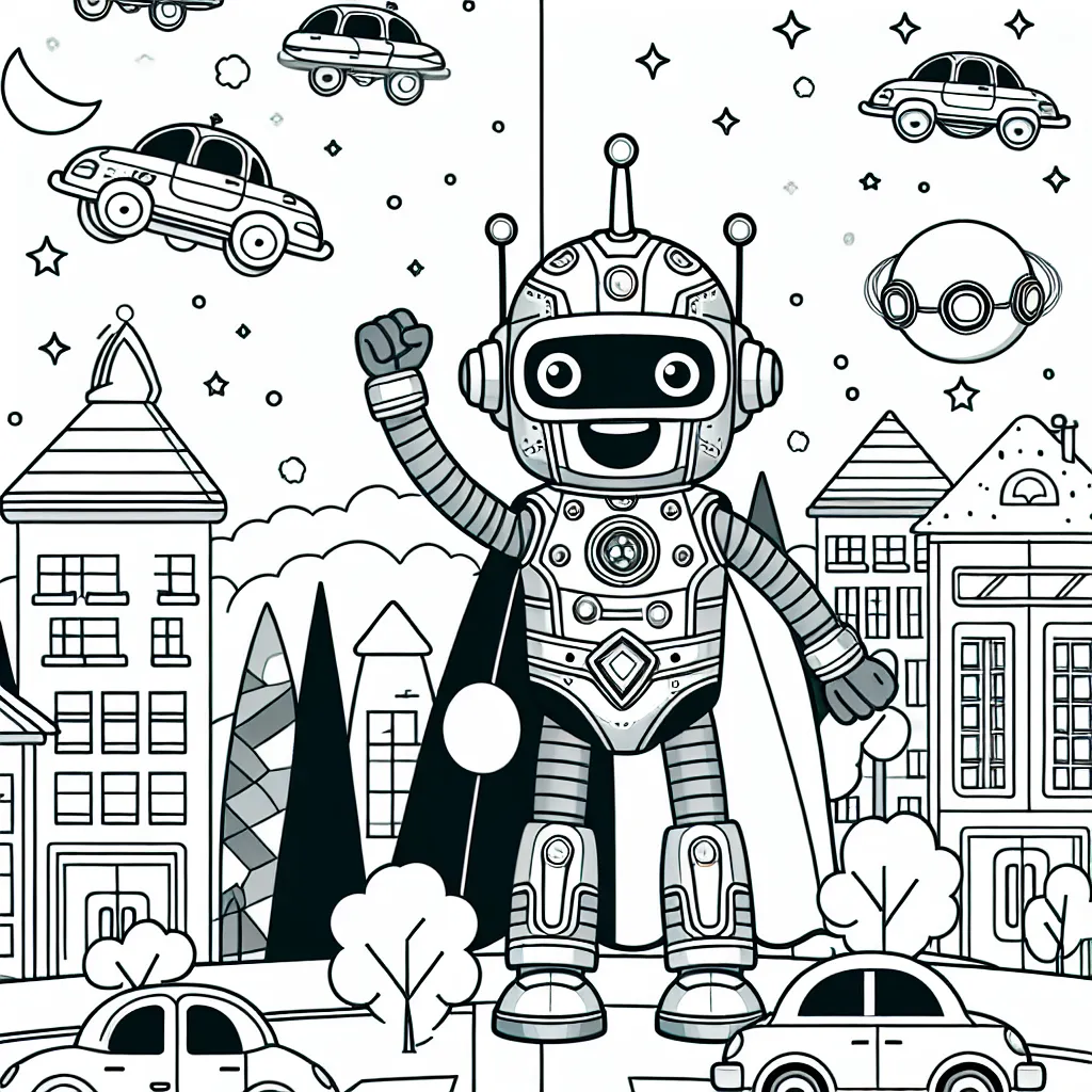 Imagine un dessin d'un robot super-héros amical qui défend une ville futuriste contenant des maisons volantes et des voitures flottantes. Le robot a une armure brillante avec des ampoules multicolores qui clignotent. Dessine aussi des habitants de la ville qui se réjouissent.