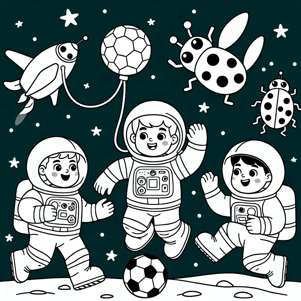 Illustration de trois astronautes jouant au football lunaire avec des aliens coccinelles multicolores