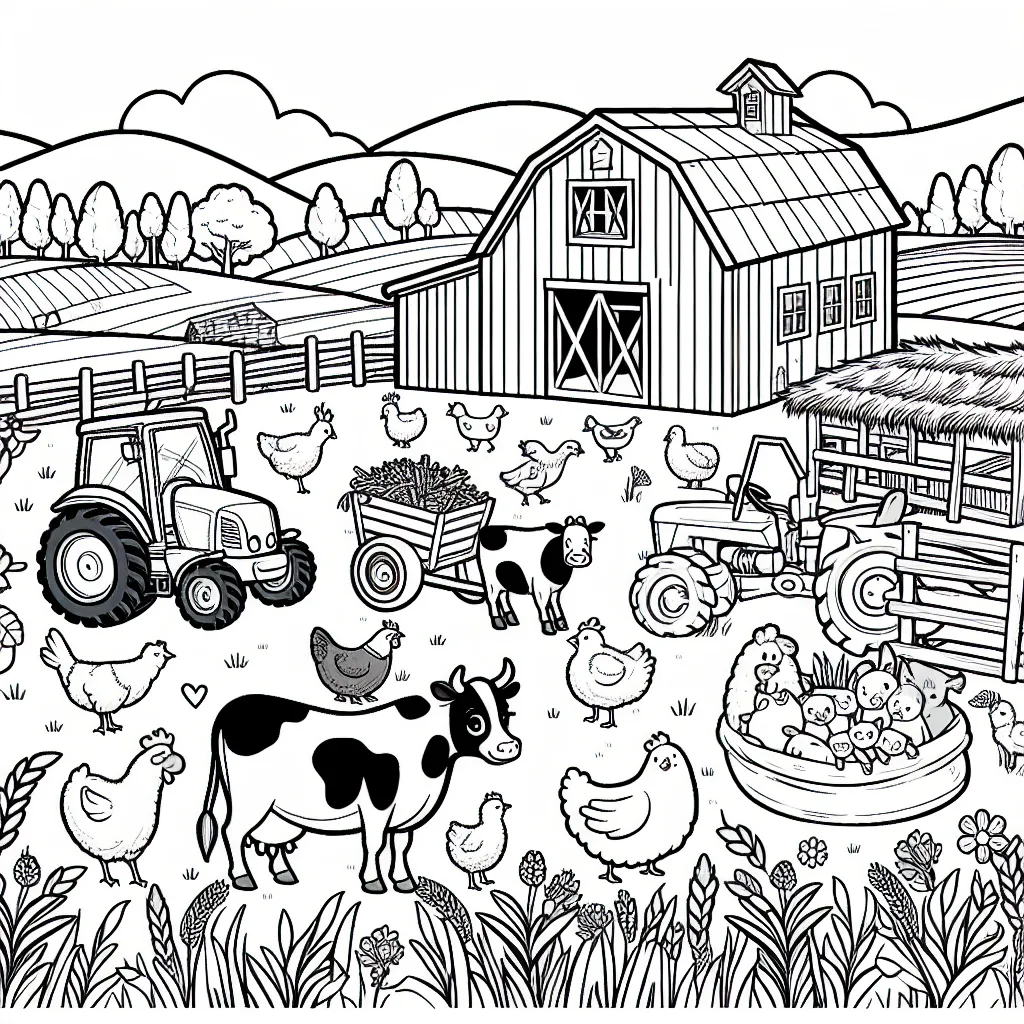 Une vue panoramique d'une ferme avec des animaux, des tracteurs, des granges et des champs, tout droit sortis d'un conte pour enfants.