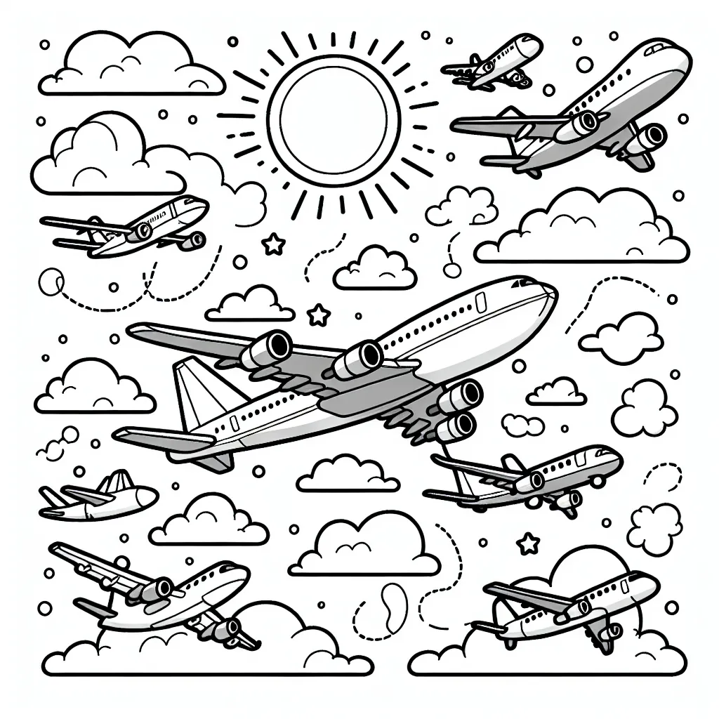 Imaginez une scène aérienne vibrante avec une flotte d'avions de toutes formes et tailles. Certains sont de grands avions de ligne, tandis que d'autres sont de petits avions de sport. Ils volent ensemble dans le ciel clair parsemé de nuages ​​flottants, avec le soleil radieux en arrière-plan.