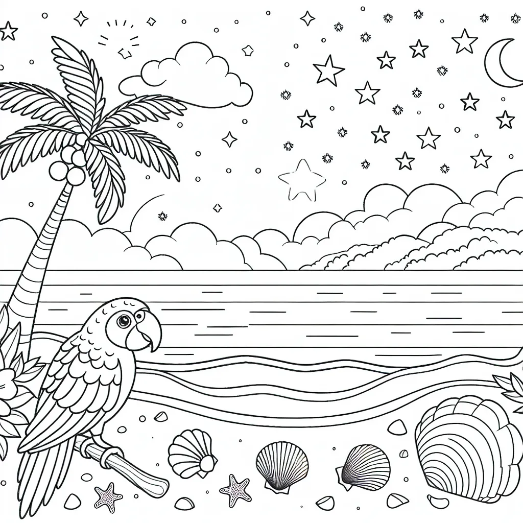 Imaginez un paysage de plage tropical avec des palmiers, un perroquet coloré, des coquillages et une mer étoilée.