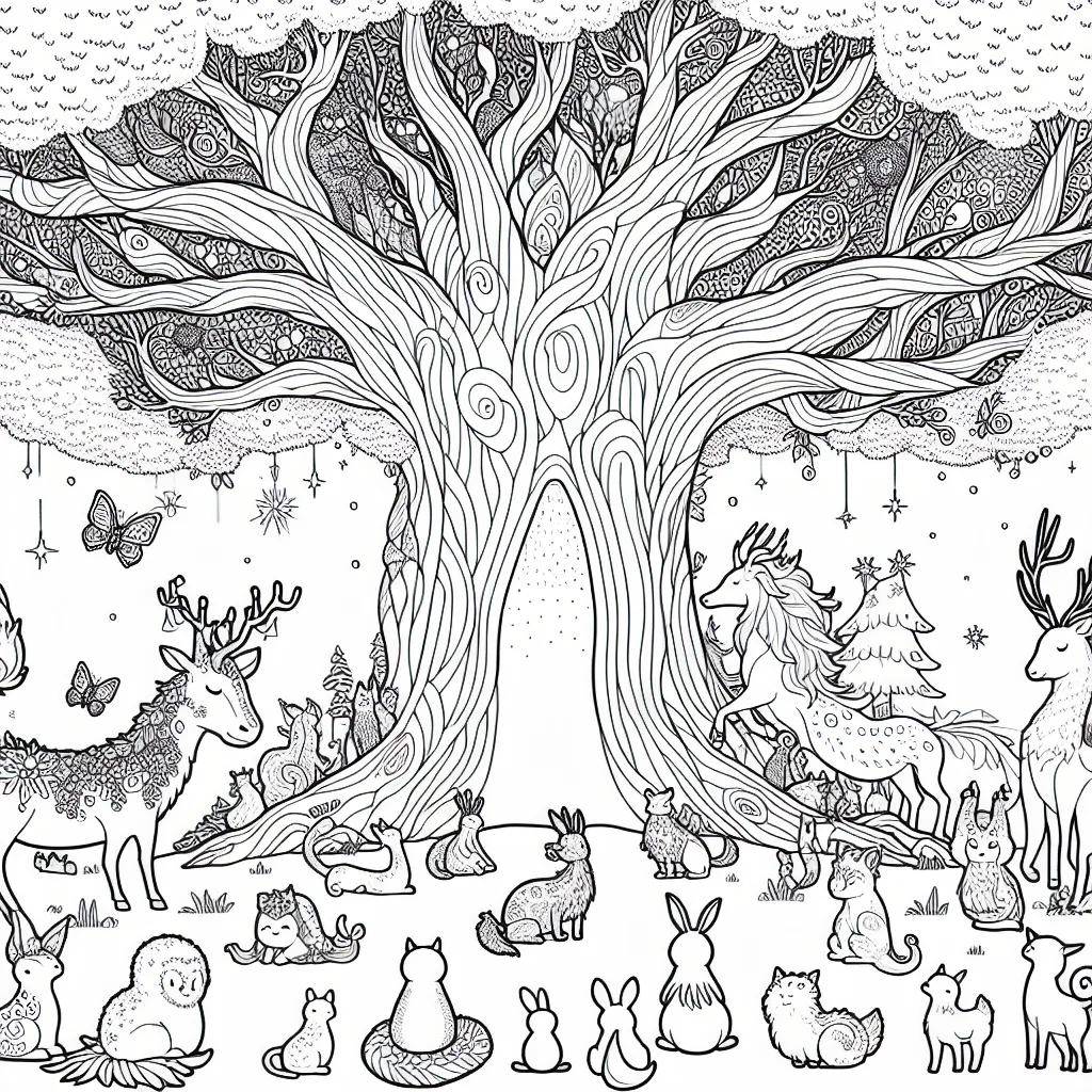 Votre mission si vous l'acceptez: dessiner une forêt enchantée avec de mystérieux animaux fantastiques vivant harmonieusement tout autour d'un grand arbre ancien lumineux.