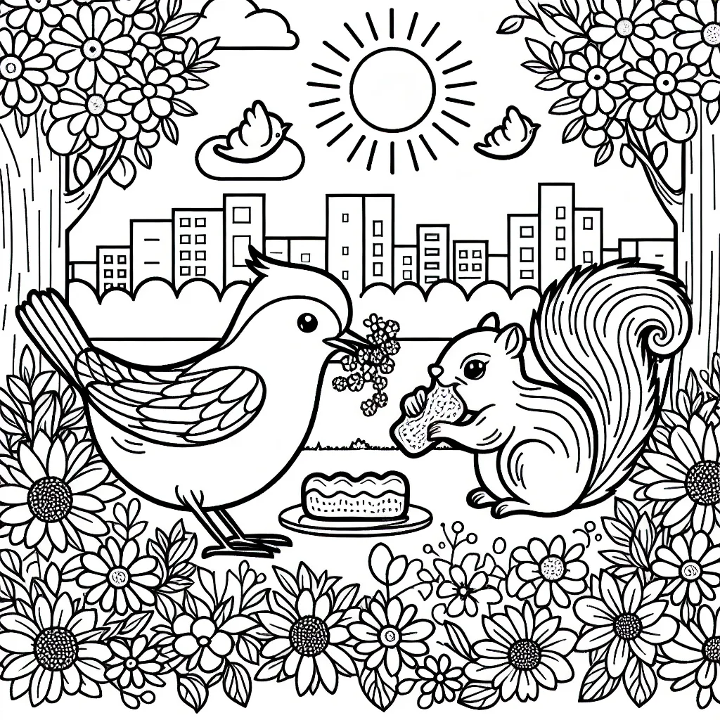Dessine une scène d'un oiseau apprivoisé partageant du pain avec des petits écureuils dans un parc de la ville rempli de belles fleurs colorées en plein soleil de printemps.
