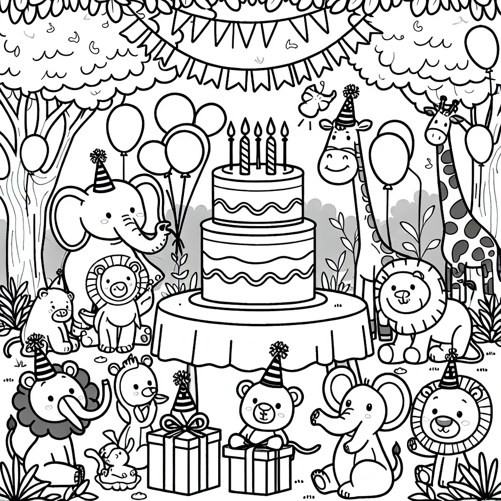Dessine une fête d'anniversaire dans la jungle avec des animaux qui font la fête autour d'un grand gâteau d'anniversaire avec des cadeaux.