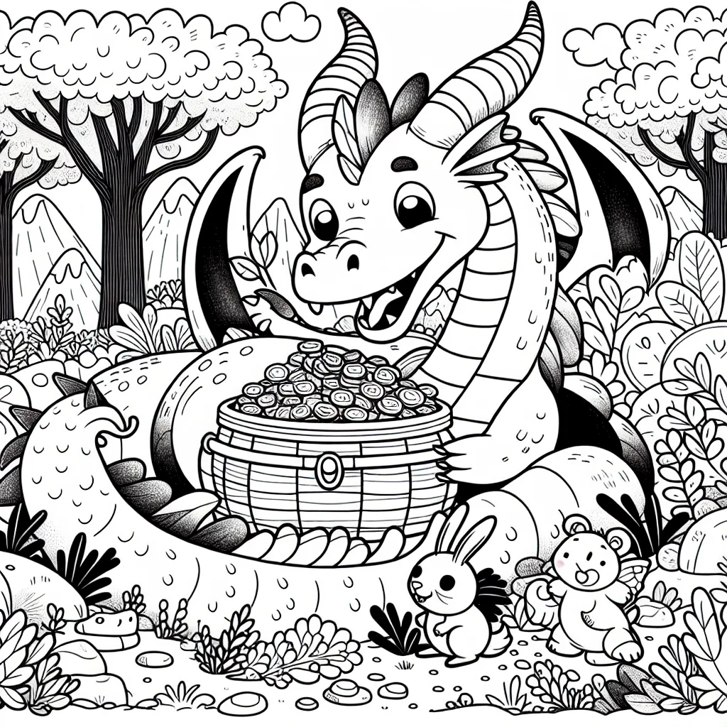Un grand dragon amical et joyeux partageant son trésor avec ses amis les animaux de la forêt