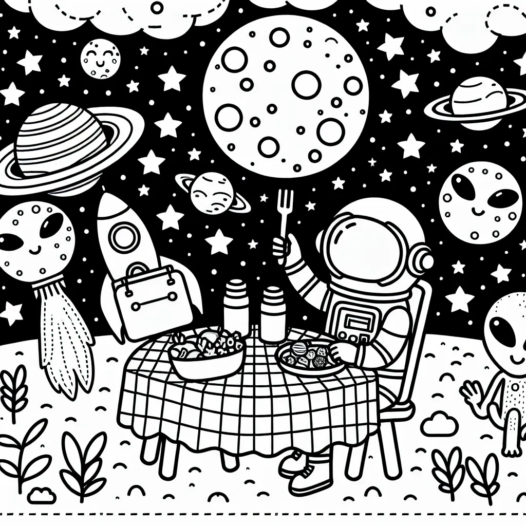 Un astronaute prend son déjeuner sur la lune, entouré d'étoiles, de planètes, et d’extraterrestres amicaux, alors qu'une fuseée atterrit au loin.