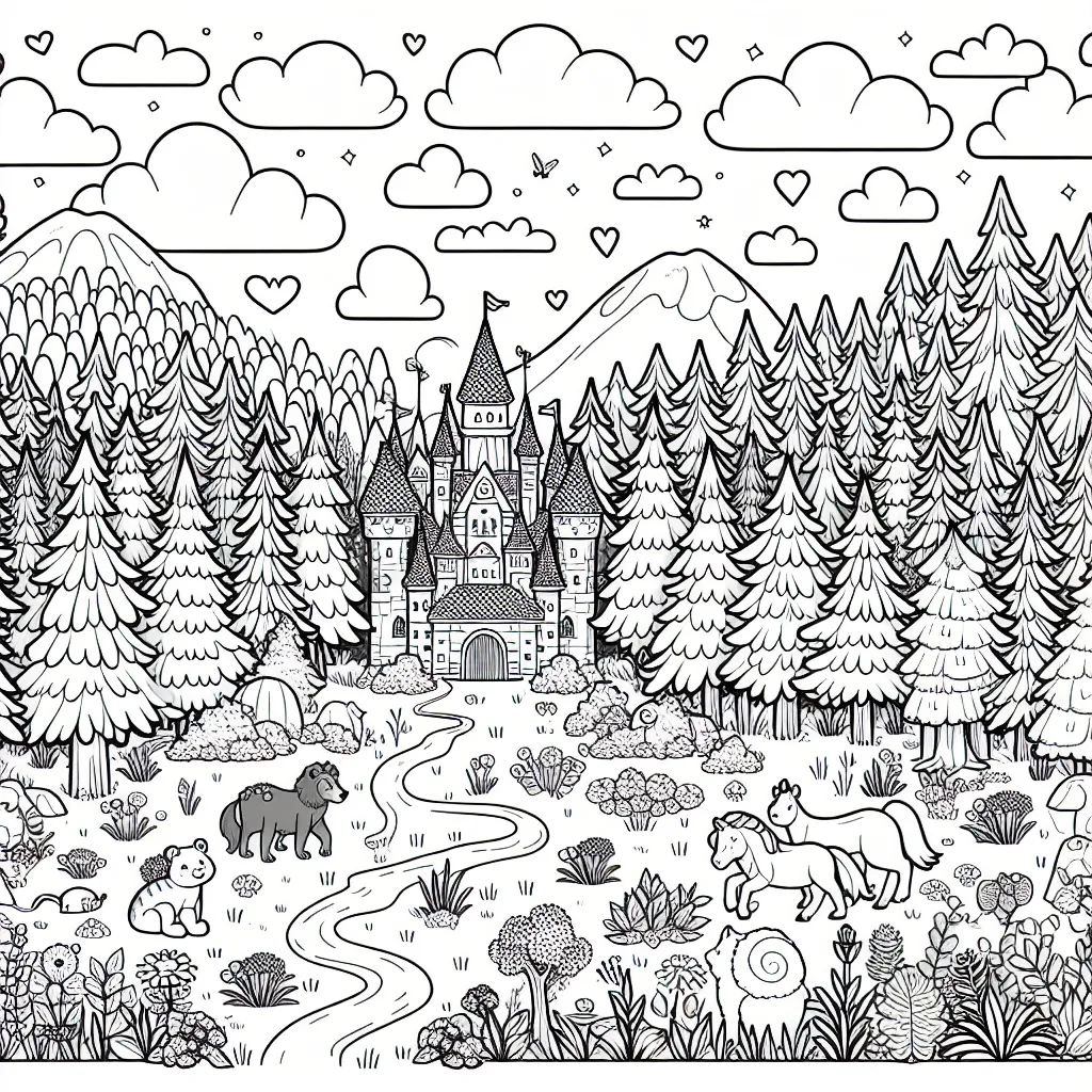 Une grande forêt enchantée remplie d'animaux merveilleux et d'un royaume magique caché au centre.