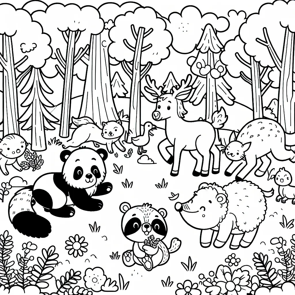 Créer un coloriage avec des animaux de la forêt jouant ensemble dans une clairière
