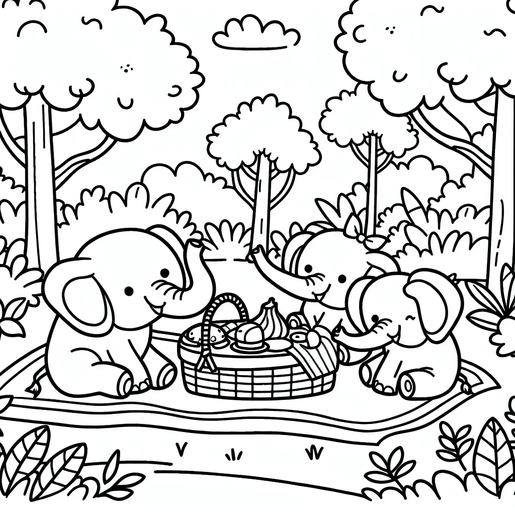 Imagine et dessine une scène joyeuse d'une famille d'éléphants profitant d'un pique-nique dans la jungle.
