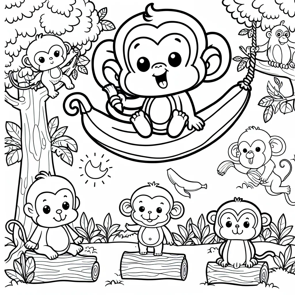 Imagine un adorable petit singe dans la jungle, brandissant une banane tout en se balançant d'arbre en arbre. De nombreux autres animaux de la jungle se joignent à lui et ils semblent tous joyeux et heureux. Peux-tu leur apporter de la couleur ?
