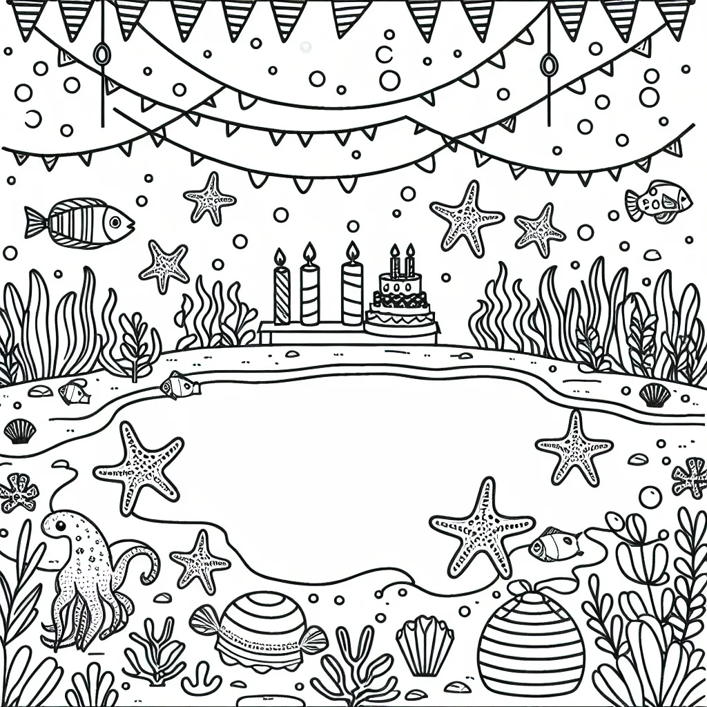 Imagine et dessine une fête d'anniversaire amusante dans le monde sous-marin avec des poissons, des étoiles de mer, des coquillages et des algues.
