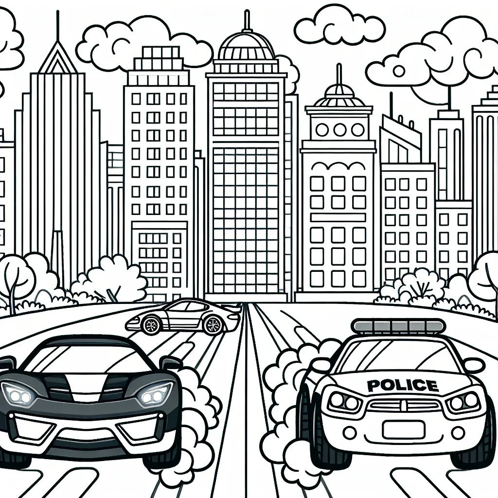 Dessinez et colorez une course passionnante entre une voiture de sport flamboyante et une voiture de police robuste à travers une ville animée.