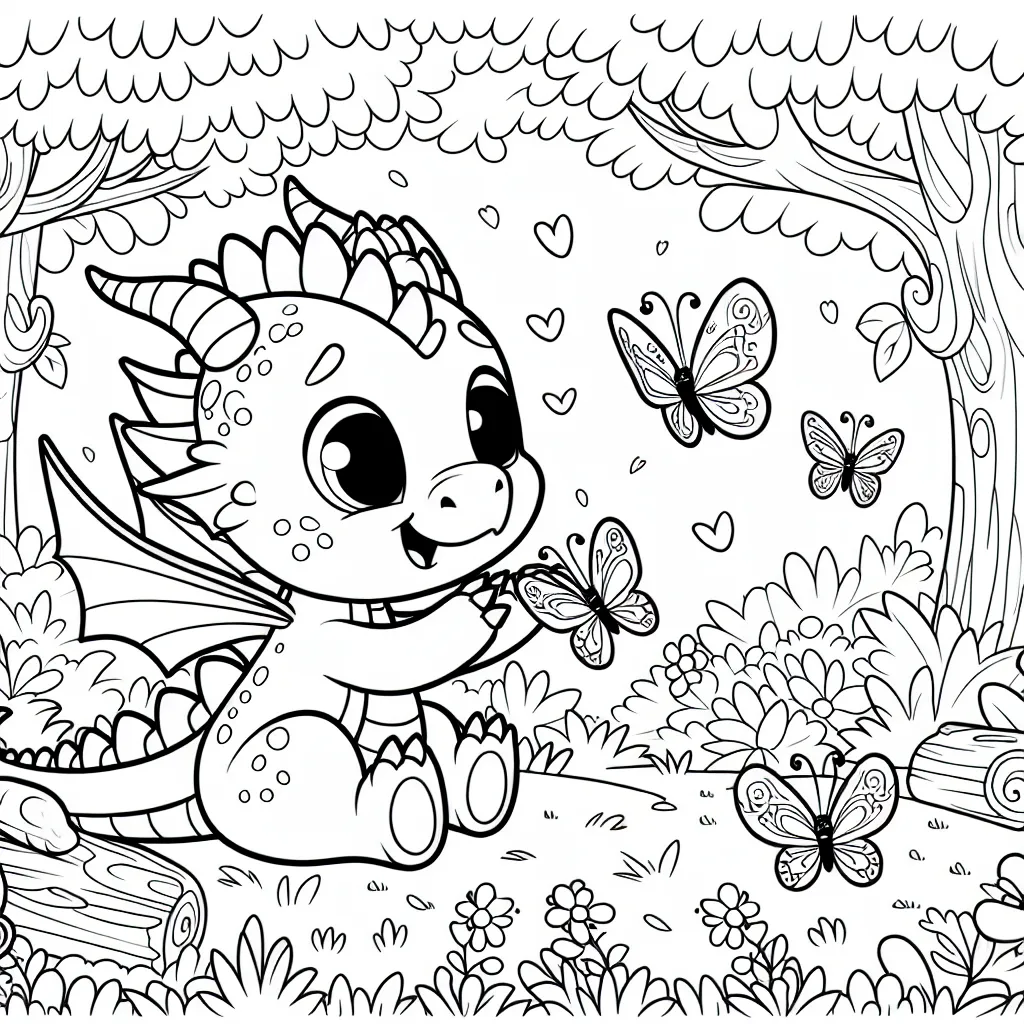 Un petit dragon amical qui joue avec des papillons dans une forêt enchantée.