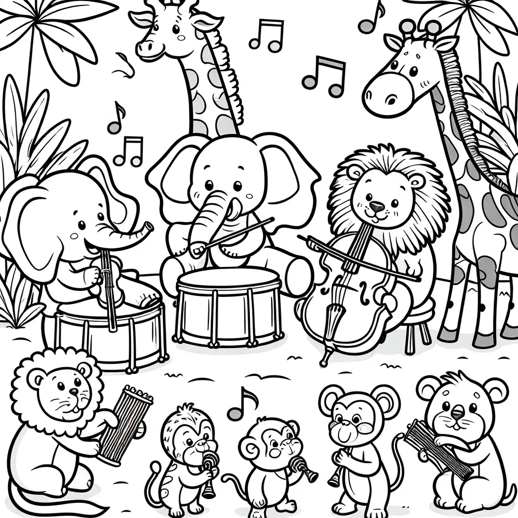 Feuille de coloriage pour les enfants présentant une grande variété d'animaux de la jungle jouant un concert musical